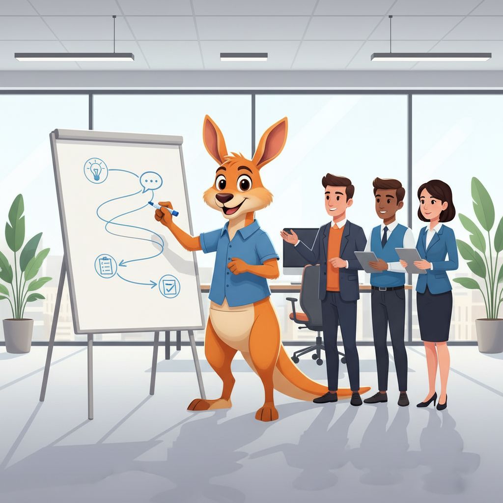 Mascote do Kangoo apresentando um roteiro de curso personalizado pra um time de negócios